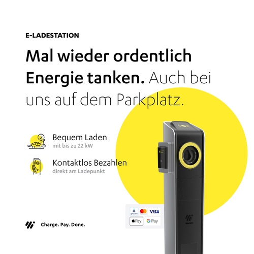 Hinweis auf E-Ladestation am Hotel am See – 'Mal wieder ordentlich tanken. Auch bei uns auf dem Parkplatz